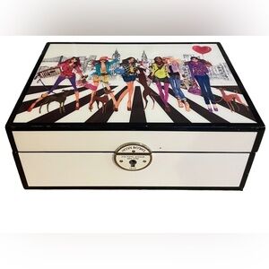 Henri Bendel Lacquered Wood Jewelry Box, w/trays, Izak Illustration, *no key